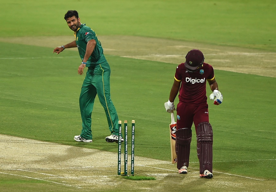 ABU DHABI, UNITED ARAB EMIRATES - OCTOBER 05: Sohail Khan of Pakistan celebrates taking the wicket of Evin Lewis of West Indies during the third One Day International match between Pakistan and West Indies at Zayed Cricket Stadium on October 5, 2016 in Abu Dhabi, United Arab Emirates. (Photo by Tom Dulat/Getty Images)