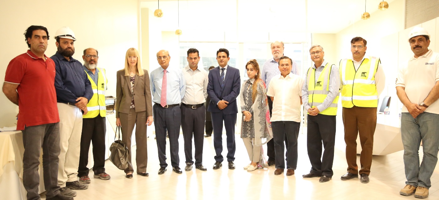 Ambassador of the Federal Republic of Germany, Ms. Ina Lepel, Chairman Nishat Group, Mr. Mian Mohammad Mansha, CEO Pakistan Aviators & Aviation, Mr. Mian Hassan Mansha, Special Assistant to Punjab Chief Minister on Energy, Mr. Shahid Riaz Gondal, CEO Nishat Hotels and Properties, Ms. Iqraa Mansha and other guests at Pakistan's groundbreaking retail platform Emporium Mall.